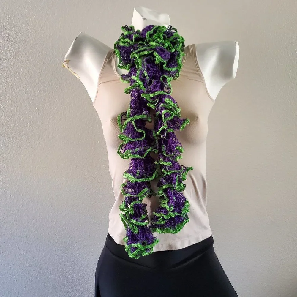 BOGO Scarf Sale - Hand Crafted crochet purple and green ruffle scarf